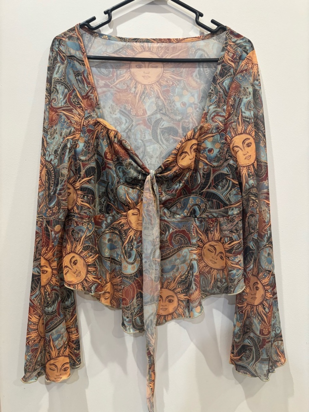 4XL SHEIN Teal and Rust Sheer Sun-Print Blouse